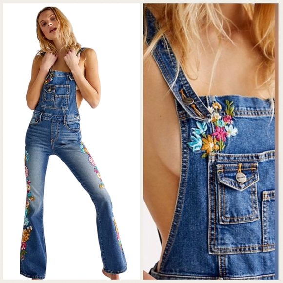 Free People Driftwood Farrah Overall Floral Bell Bottom Sold Out  J1800 - Picture 3 of 12